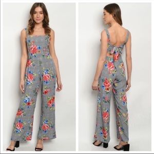 NWT PLAID FLORAL TIE BACK WIDE LEG JUMPSUIT